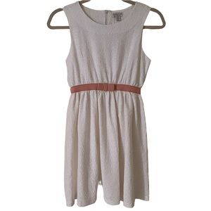 Richie House White Lace Sleeveless Fit and Flare Dress with Pink Bowed Waistline